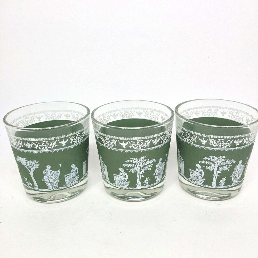 Jeanette Glass Mid Century Set Of 3 Green Hellenic Old Fashion Glasses Read Desc